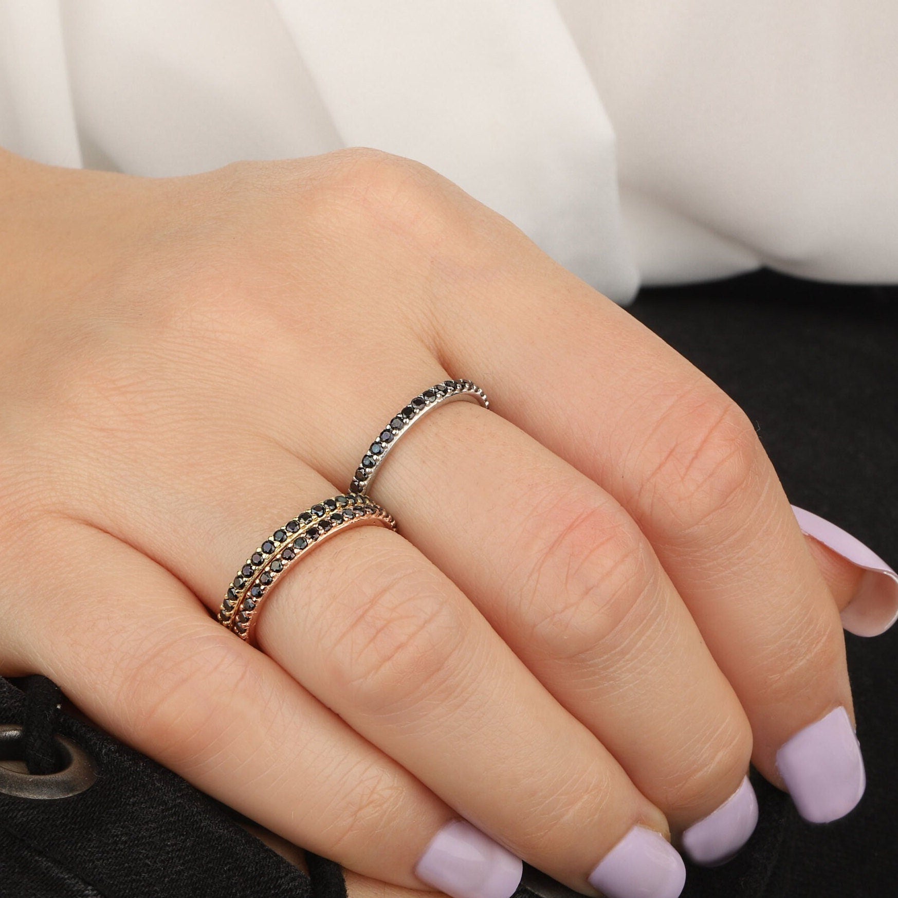 Silver Black Diamond Eternity Ring, Dainty Stacking Ring, 14K Gold Stackable Rings, Diamond Wedding Engagement Rings, Gift For Mothers Day