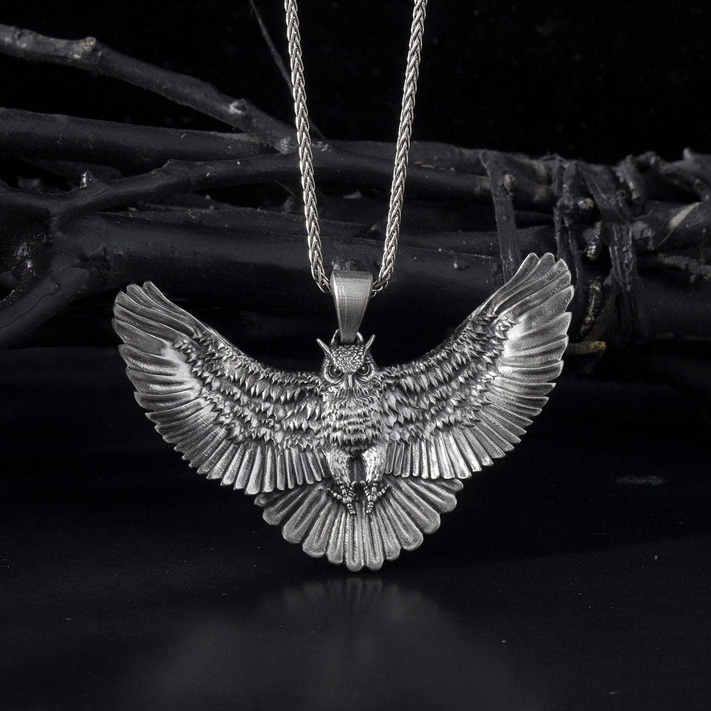 Solid Silver Owl Necklace, Owl Pendant, Animal Necklace, Gift For Mens, Winged Owl Necklace, Gift For Fathers, Unique Gift For Father's Day