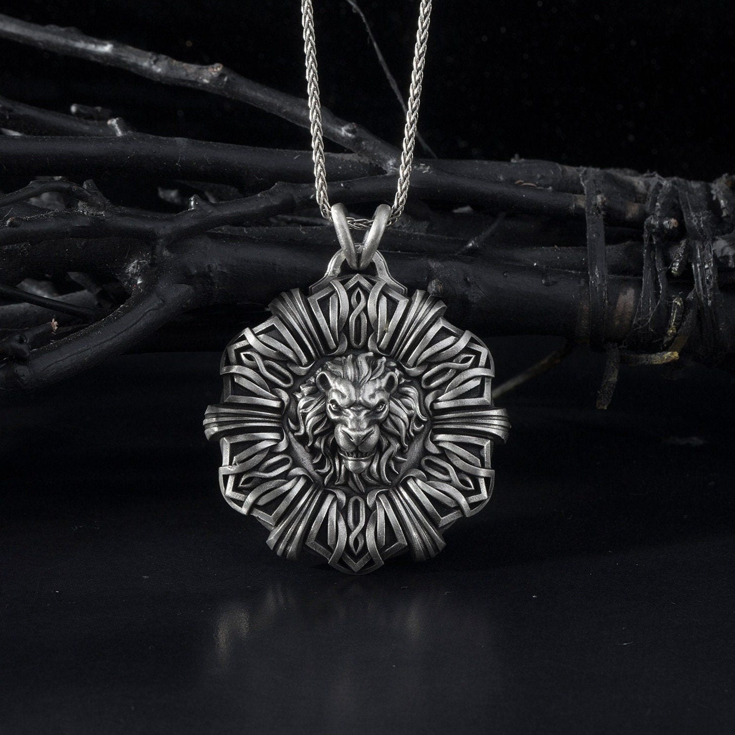Solid Silver Lion Necklace, Scandinavian Lion Medallion, Wild Lion Pendant, Gift For Men's, Gift For Father's, Unique Gift For Father's Day