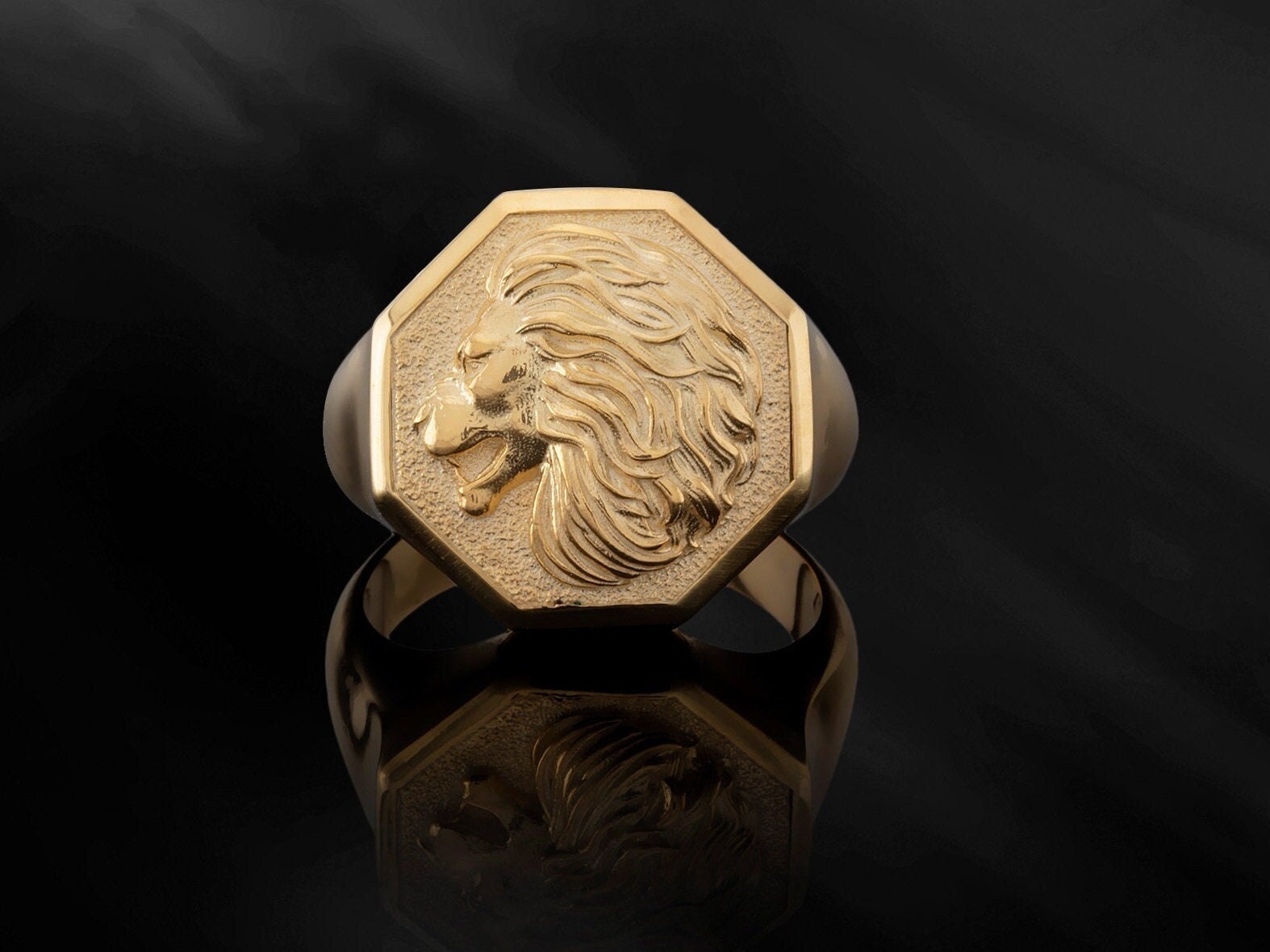 Solid Gold Lion Head Rings, 14K Gold Wild Lion Signet Ring, Gifts For Fathers, Animal Statement Rings For Men, Unique Gift For Father's Day