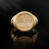 18K Gold Tree of Life Ring, 14K Gold Family Tree Statement Rings for Men, Scandinavian Yggdrasill Signet Ring, Unique Gift For Father's Day