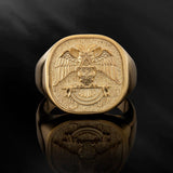 18K Gold Signet Master Mason Men Ring, Solid Gold Freemason Ring, Double Headed Masonic Eagle Ring, Mens Gift, Unique Gift For Father's Day