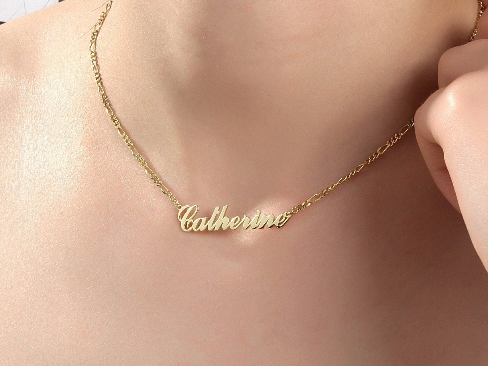 Silver Name Necklace With Figaro Chain, Gifts For Mothers, 14K Gold Custom Name Necklace, Birthday Gifts For Grandma, Gift For Mothers Day