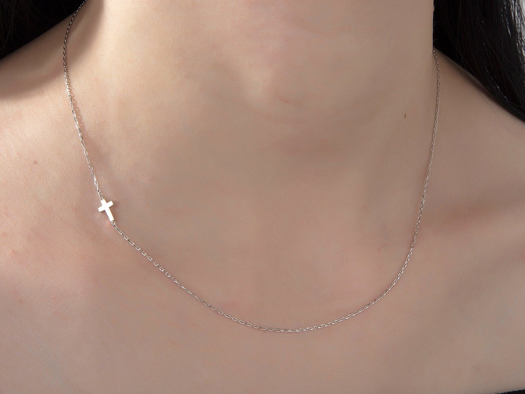 14K Gold Cross Necklace, Sideways Cross Charm Necklace, Dainty Silver Crucifix Pendant, Religious Jewelry, Moms Gift, Gift For Mothers Day