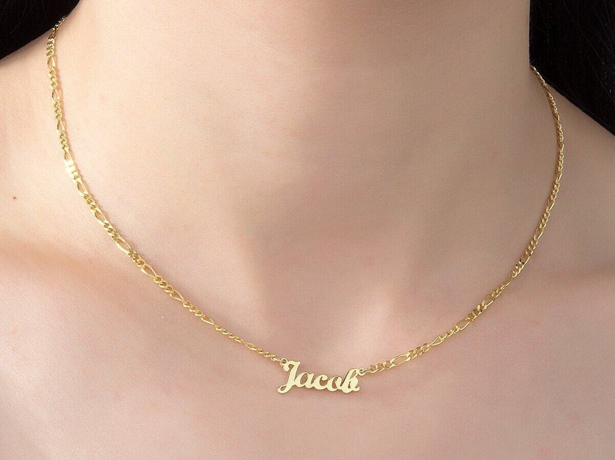 Silver Name Plate With Figaro Chain, Moms Gift, 14K Gold Custom Name Necklaces, Gifts For Mother, Personalized Gifts, Gift For Mothers Day