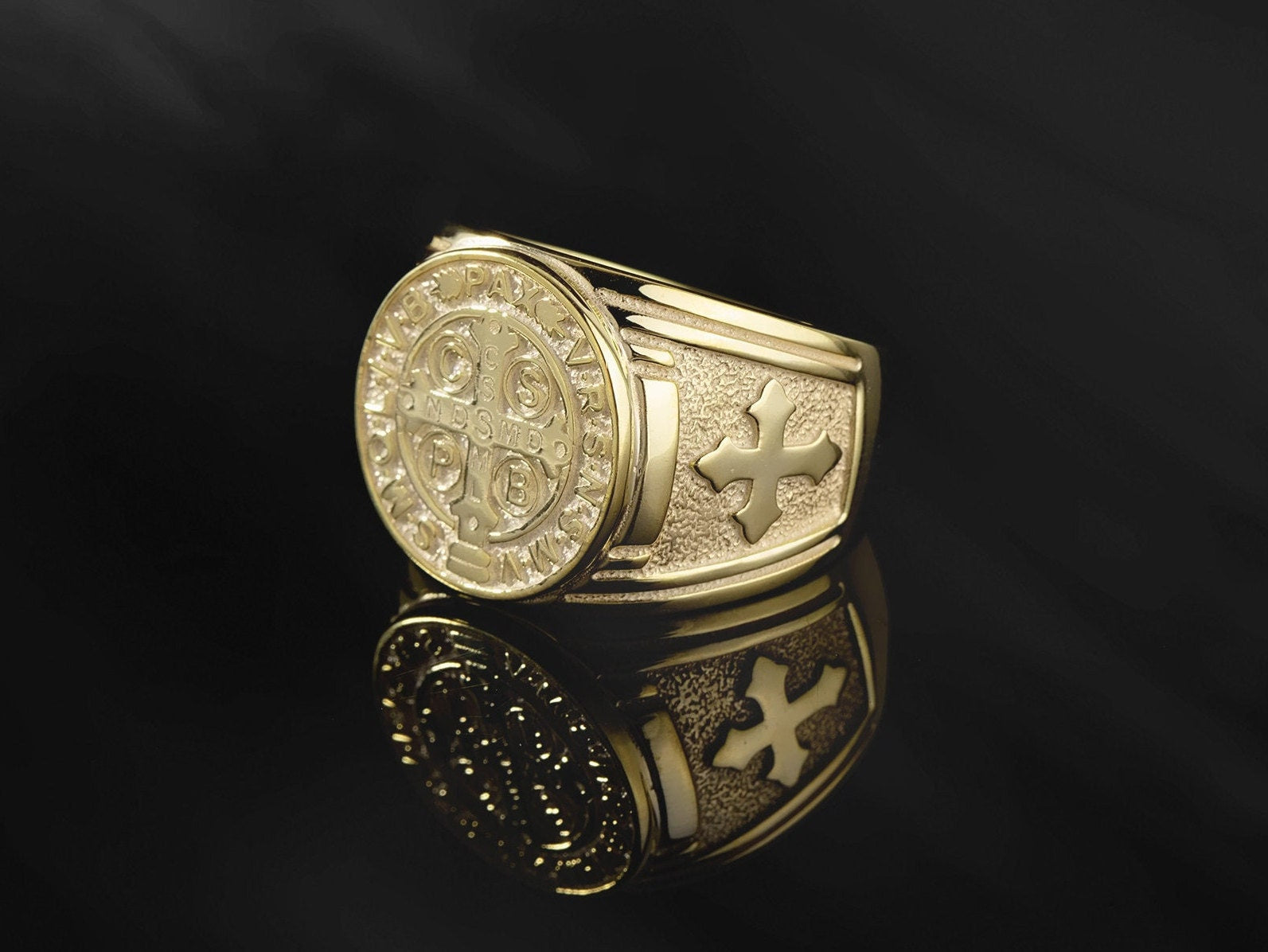 14K Gold St Benedict Medal Cross Ring, Religious Catholic Ring For Men, Solid Gold Saint Benedict Signet Ring, Unique Gifts For Father's Day