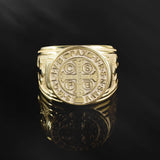 14K Gold St Benedict Medal Cross Ring, Religious Catholic Ring For Men, Solid Gold Saint Benedict Signet Ring, Unique Gifts For Father's Day