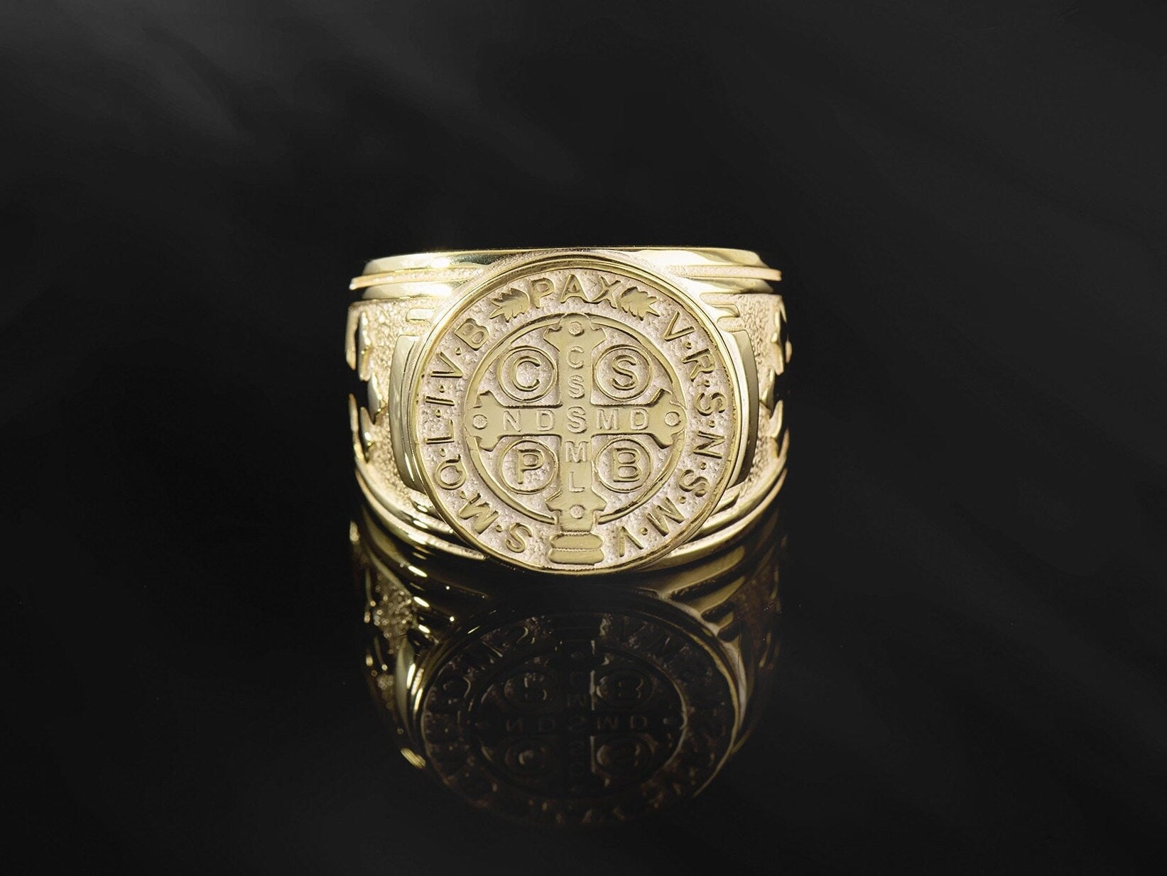 14K Gold St Benedict Medal Cross Ring, Religious Catholic Ring For Men, Solid Gold Saint Benedict Signet Ring, Unique Gifts For Father's Day