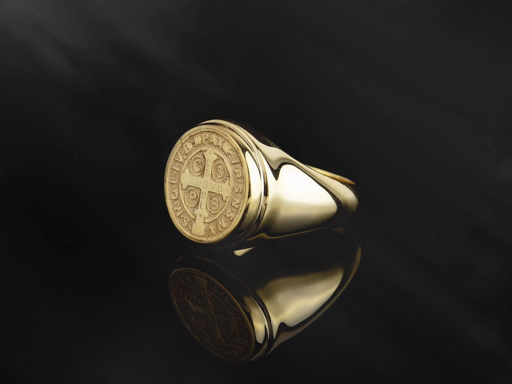 Solid Gold St Benedict Medal Ring, Religious Men's Jewelry, 14K Gold Saint Benedict Rings, Catholic Man Gifts, Unique Gift For Father's Day