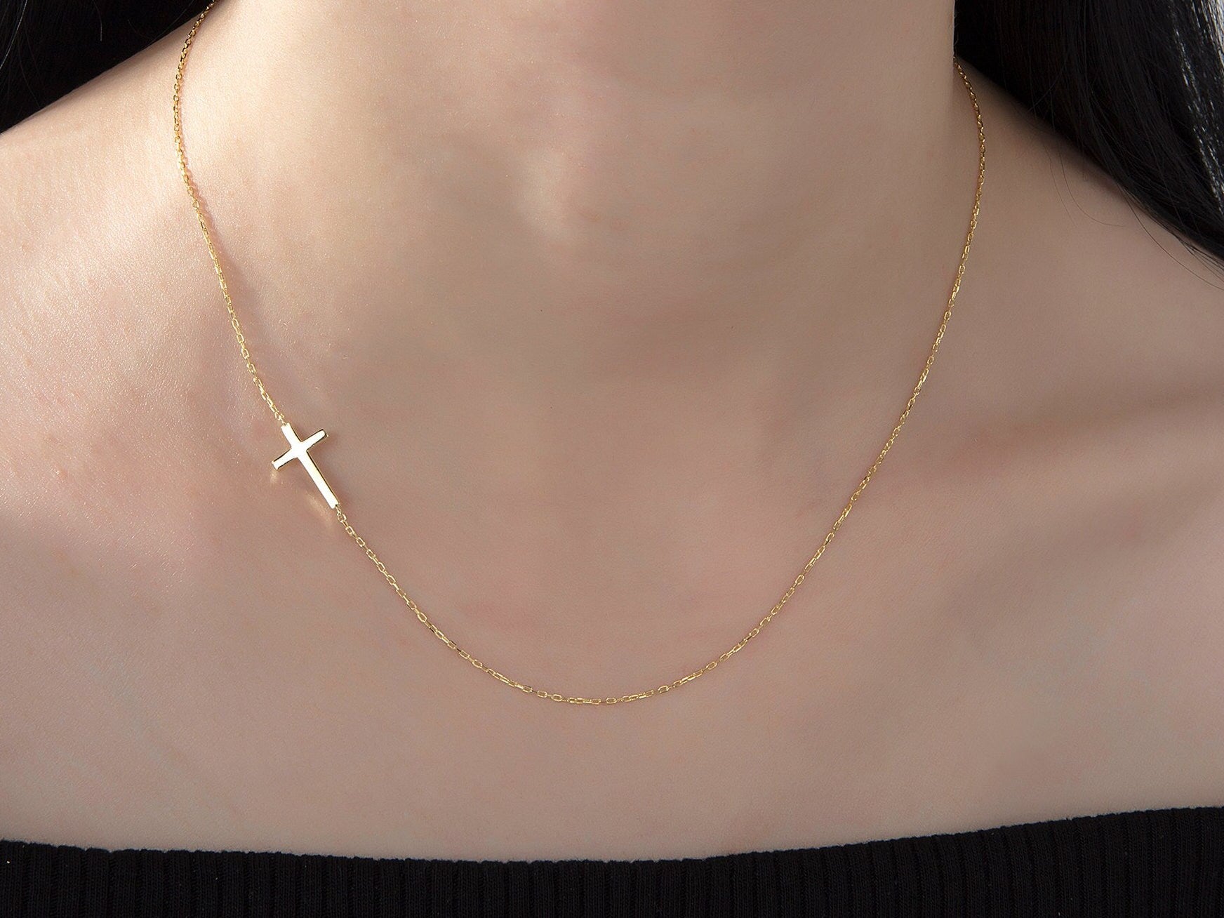 14K Gold Cross Necklace, Sideways Cross Charm Necklace, Dainty Silver Crucifix Pendant, Religious Jewelry, Moms Gift, Gift For Mothers Day