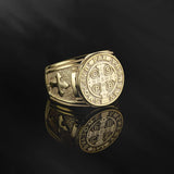 14K Gold St Benedict Medal Cross Ring, Religious Catholic Ring For Men, Solid Gold Saint Benedict Signet Ring, Unique Gifts For Father's Day