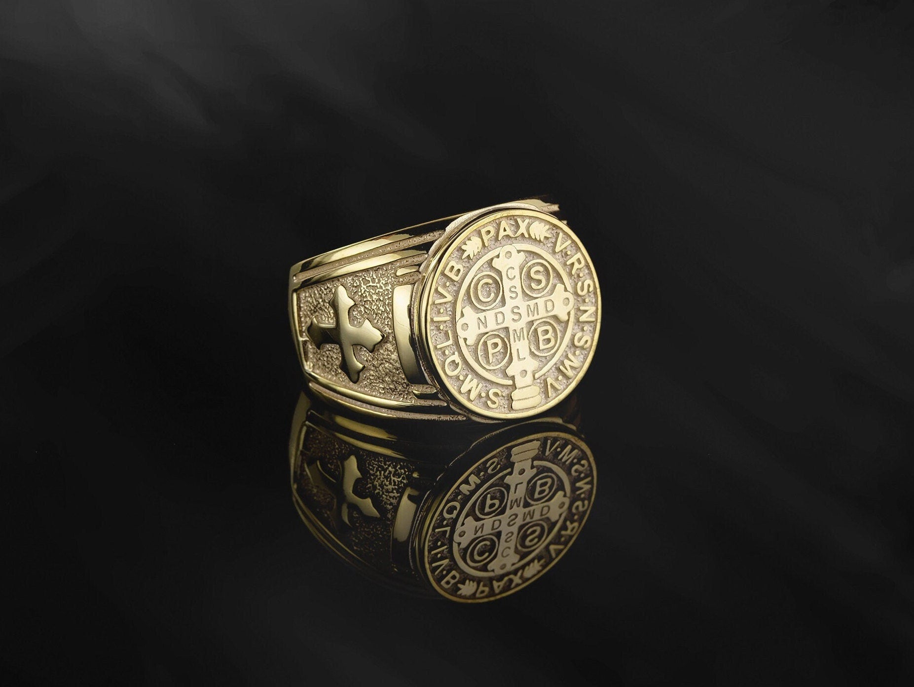 14K Gold St Benedict Medal Cross Ring, Religious Catholic Ring For Men, Solid Gold Saint Benedict Signet Ring, Unique Gifts For Father's Day