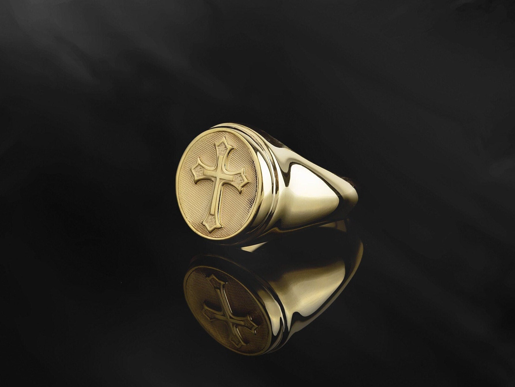 10K Solid Gold Relief Cross Rings, 18K Signet Crucifix Men's Rings, Religious Jewelry For Man, Gift For Dad's, Unique Gift For Father's Day