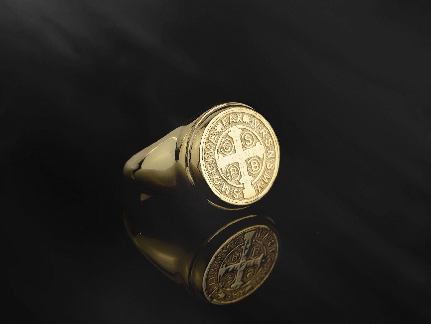 Solid Gold St Benedict Medal Ring, Religious Men's Jewelry, 14K Gold Saint Benedict Rings, Catholic Man Gifts, Unique Gift For Father's Day