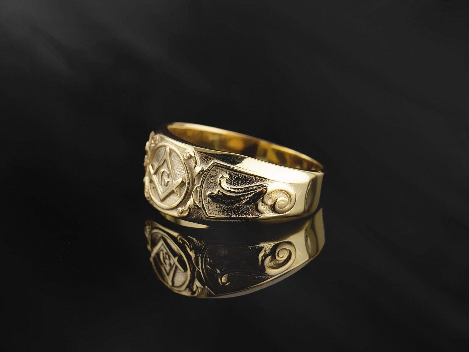 10K Master Mason Rings, 14K Gold Masonic Ring, Solid Gold Signet Masons Ring, Freemason Wedding Bands For Men, Unique Gift For Father's Day