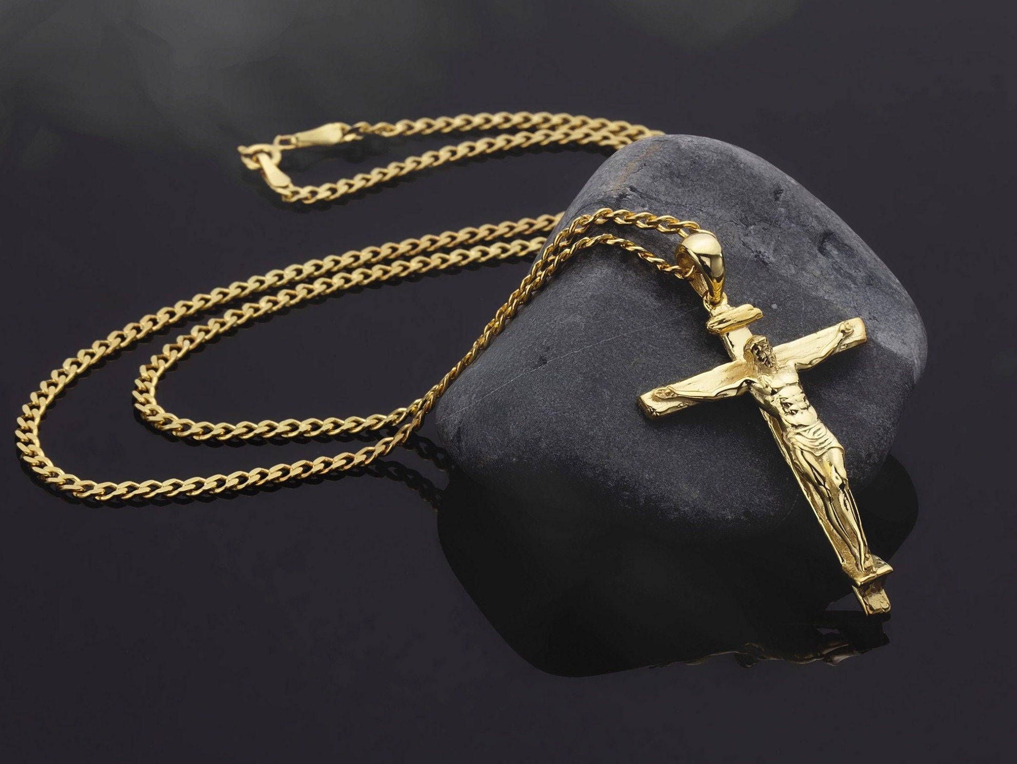 Solid Gold Crucifix Pendant With Gourmet Chain, 14K Gold Jesus Cross Man Necklace, Religious Unisex Necklaces, Unique Gift For Father's Day