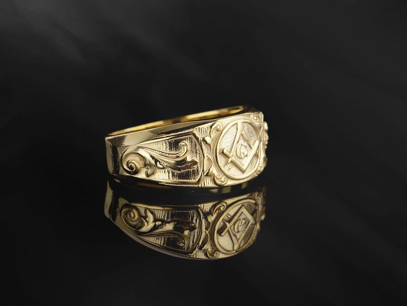 10K Master Mason Rings, 14K Gold Masonic Ring, Solid Gold Signet Masons Ring, Freemason Wedding Bands For Men, Unique Gift For Father's Day