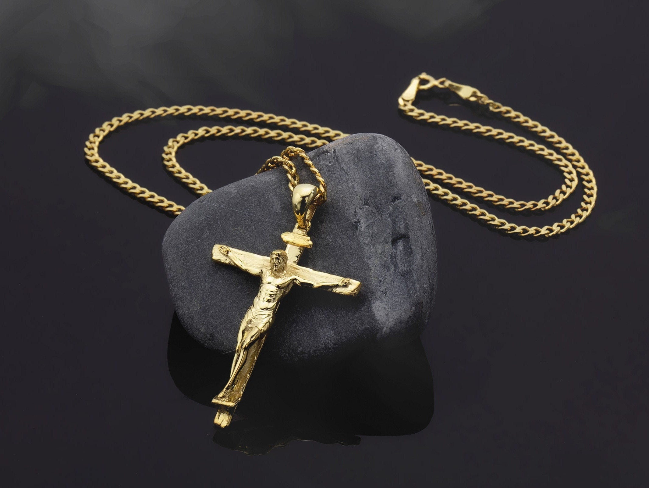 Solid Gold Crucifix Pendant With Gourmet Chain, 14K Gold Jesus Cross Man Necklace, Religious Unisex Necklaces, Unique Gift For Father's Day