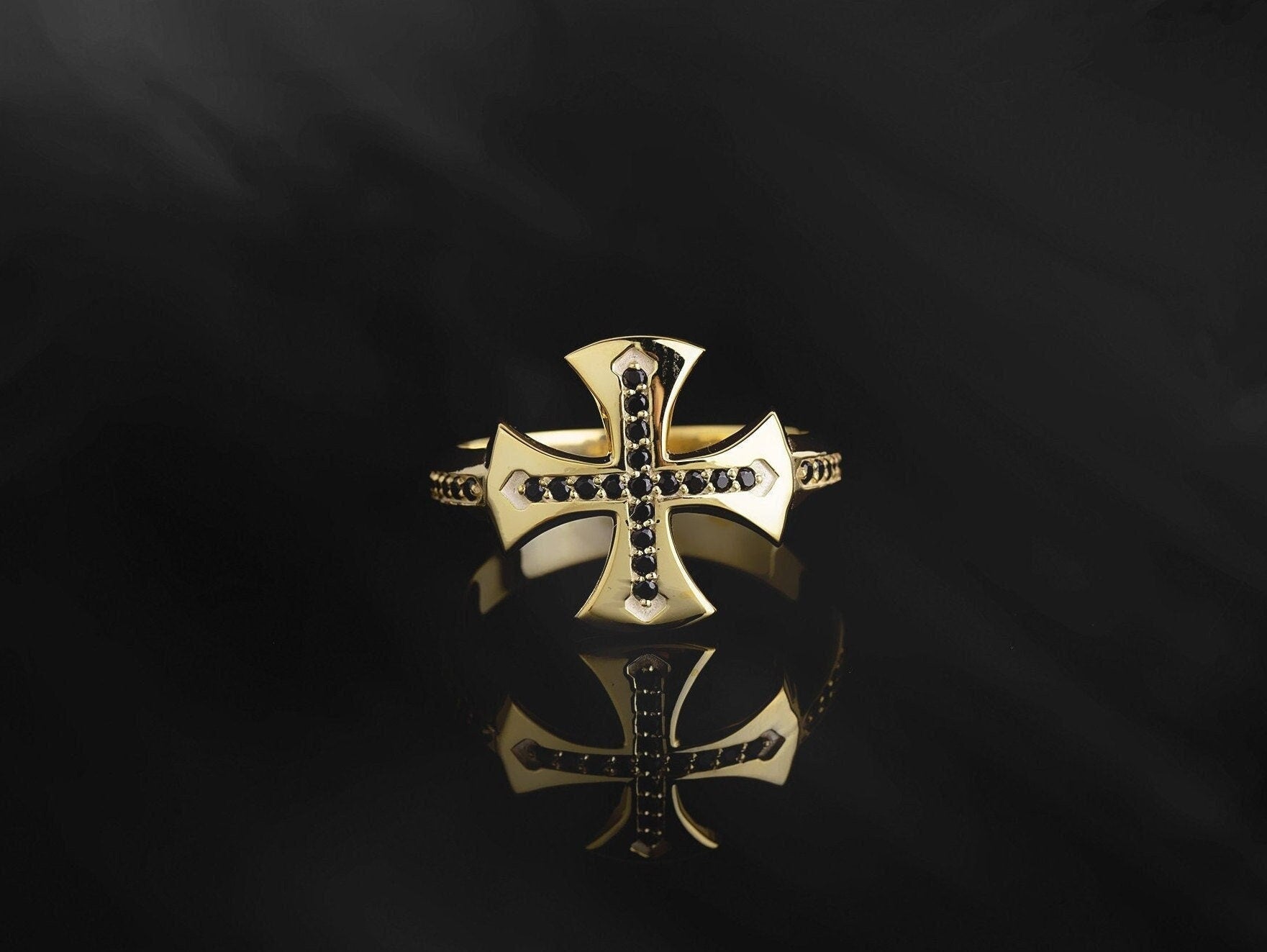 14K Gold Black Diamond Cross Men Ring, 10K Zircon Diamond Crucifix Man Ring, Solid Gold Wedding Bands For Men, Unique Gift For Father's Day
