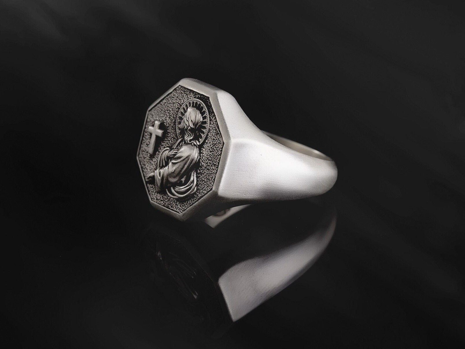 Oxidized Silver Jesus Christ Praying Ring, Savior Messiah Cross Rings, Unique Crucifix Ring For Religious Men, Unique Gift For Father's Day