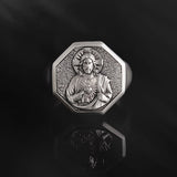 Jesus With Sacred Heart Silver Men Ring, Savior Messiah Ring, Religious Christian Jewelry For Man, Cross Ring, Unique Gift For Father's Day