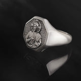 Jesus With Sacred Heart Silver Men Ring, Savior Messiah Ring, Religious Christian Jewelry For Man, Cross Ring, Unique Gift For Father's Day