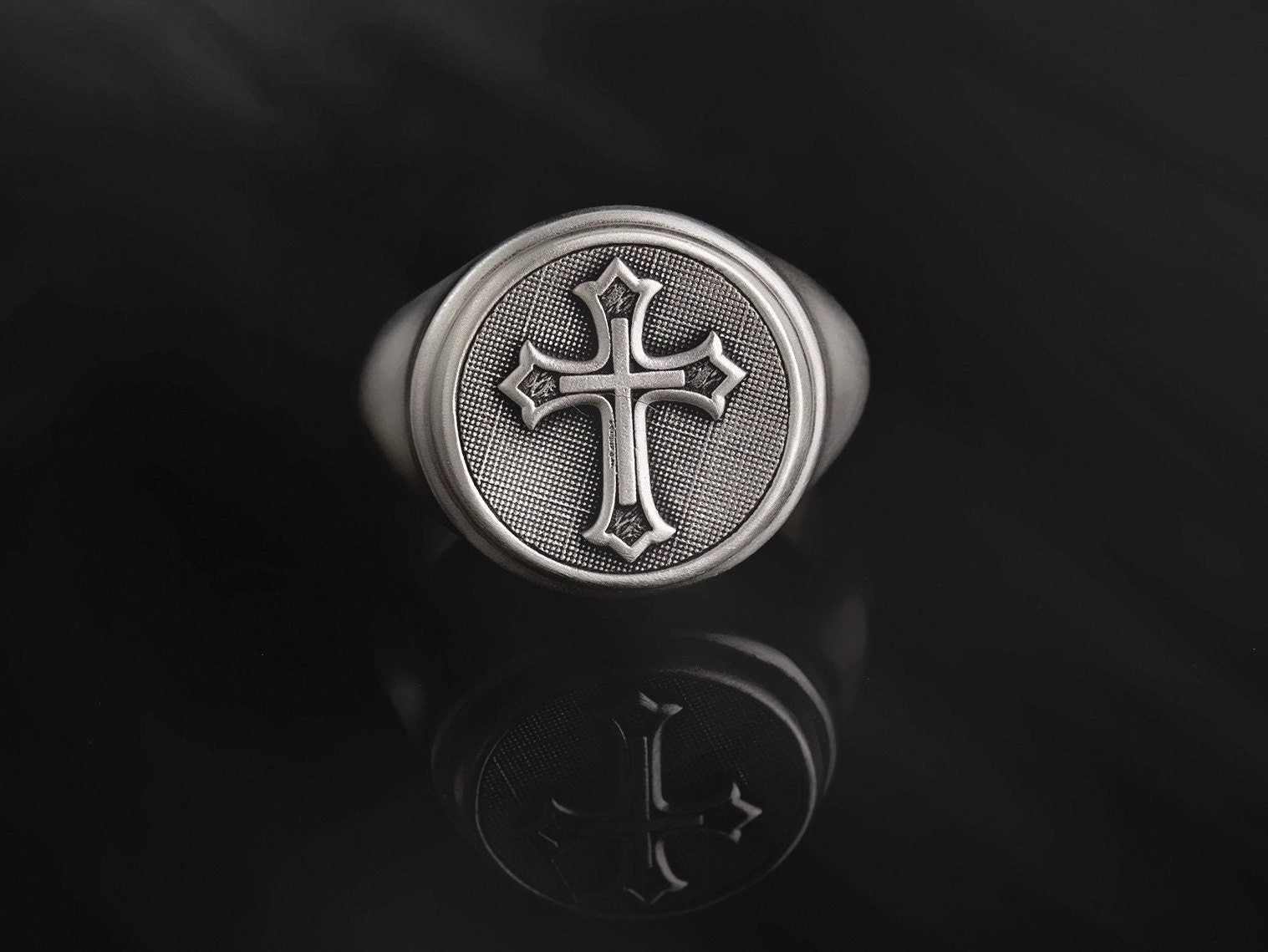 Sterling Silver Cross Medal Ring, Crucifix Signet Man Rings, Religious Gift For Dad, Cross Statement Man Ring, Unique Gift For Father's Day