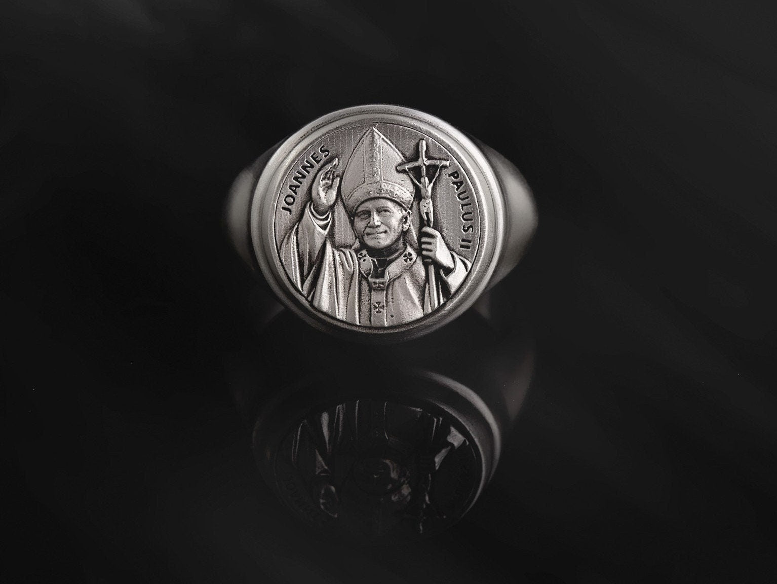Solid Silver St Joannes Paulus Medal Ring, Religious Catholic Men Jewelry, Pope Joannes Paulus Statement Ring, Unique Gift For Father's Day