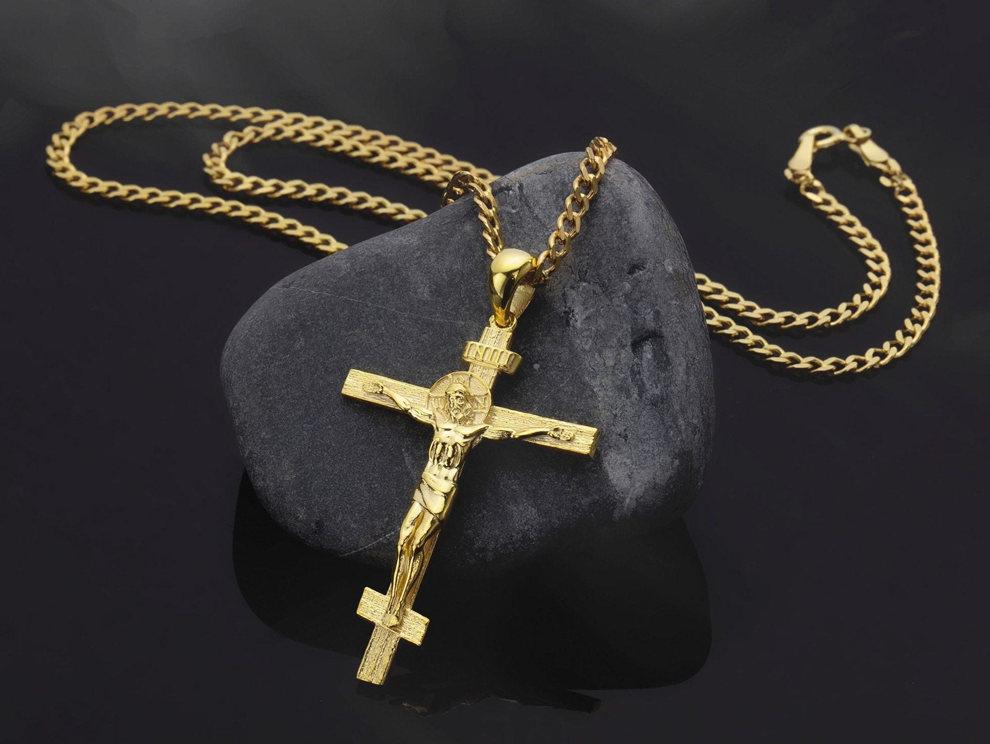 10K Gold Jesus Cross Pendant With Cuban Necklace, 14K Gold Unisex Crucifix Necklace, Religious Jewelry For Men, Unique Gift For Father's Day