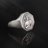 Jesus With Sacred Heart Silver Men Ring, Savior Messiah Ring, Religious Christian Jewelry For Man, Cross Ring, Unique Gift For Father's Day