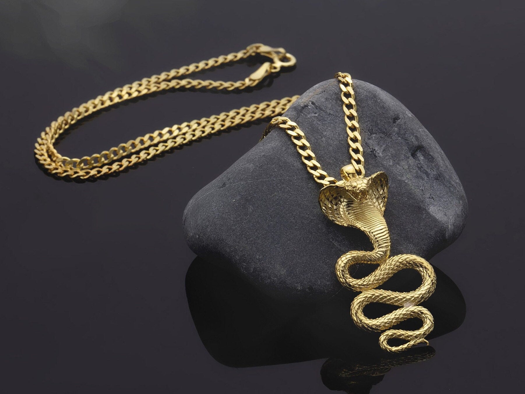 10K Gold Cobra Snake Pendant With Curb Cuban Chain, 14K Solid Gold Snake Necklaces, 18K Unisex Animal Jewelry, Unique Gift For Father's Day