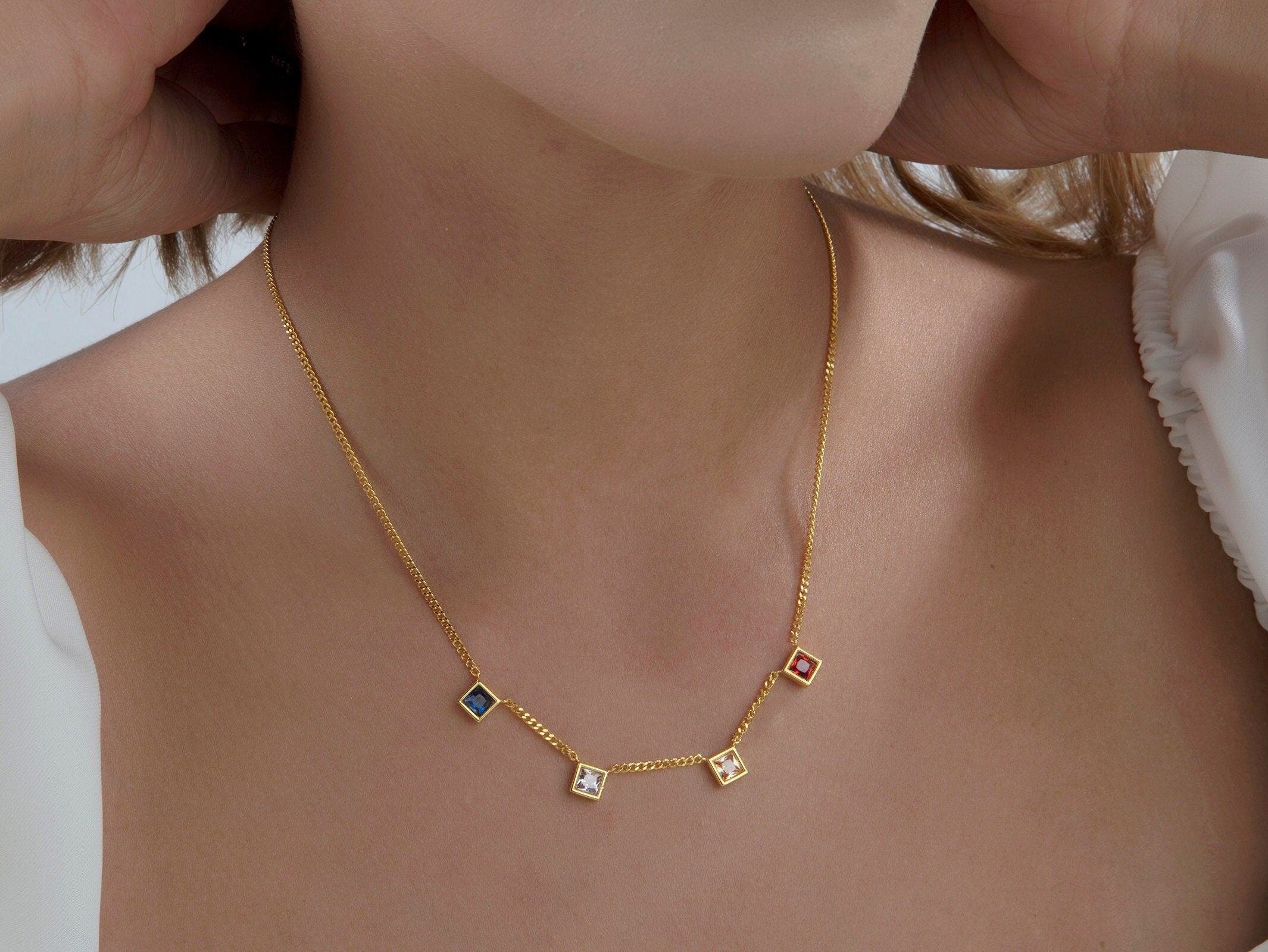Princess Shape Birthstone Necklaces, Gold Cuban Chain Birthstone Necklace, Moms Gift, Personalized Birthstone Jewelry, Gift For Mothers Day