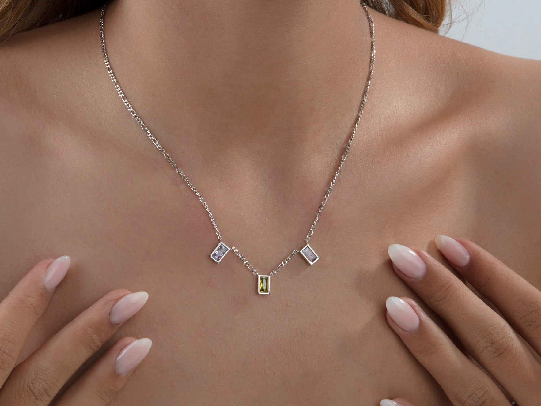 Silver Baguette Birthstone Necklace, Birthstone Jewelry For Mothers, Gold Birthstone Charms With Figaro Chain Necklace, Gift For Mothers Day