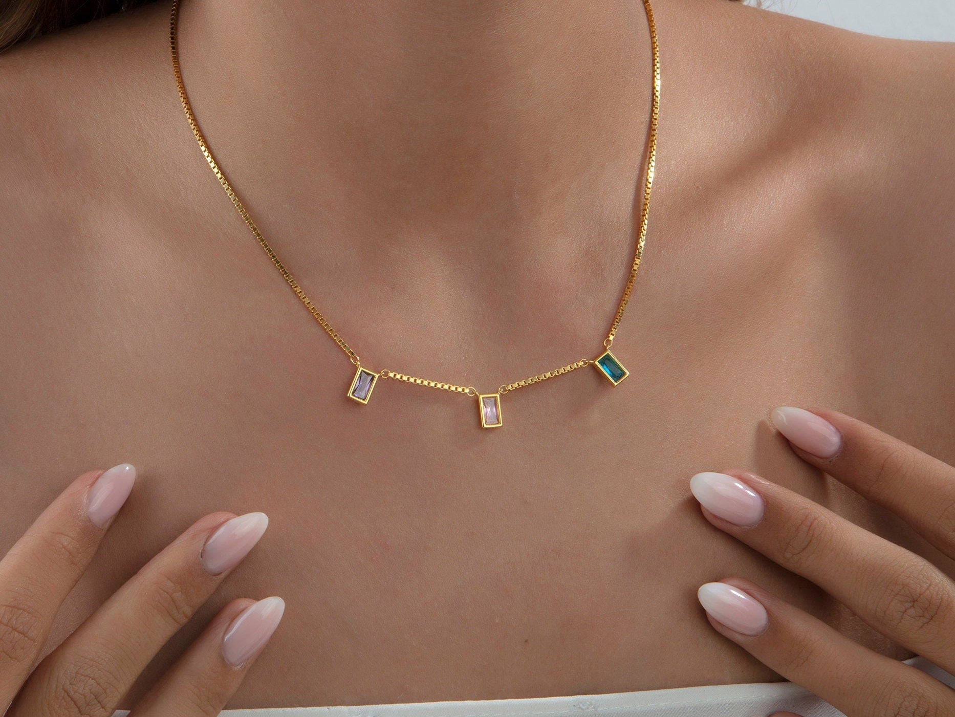 Silver Baguette Birthstone Necklaces, Custom Birthstone Necklace For Mothers, Gold Charm Birthstone Box Chain Necklace, Gift For Mothers Day