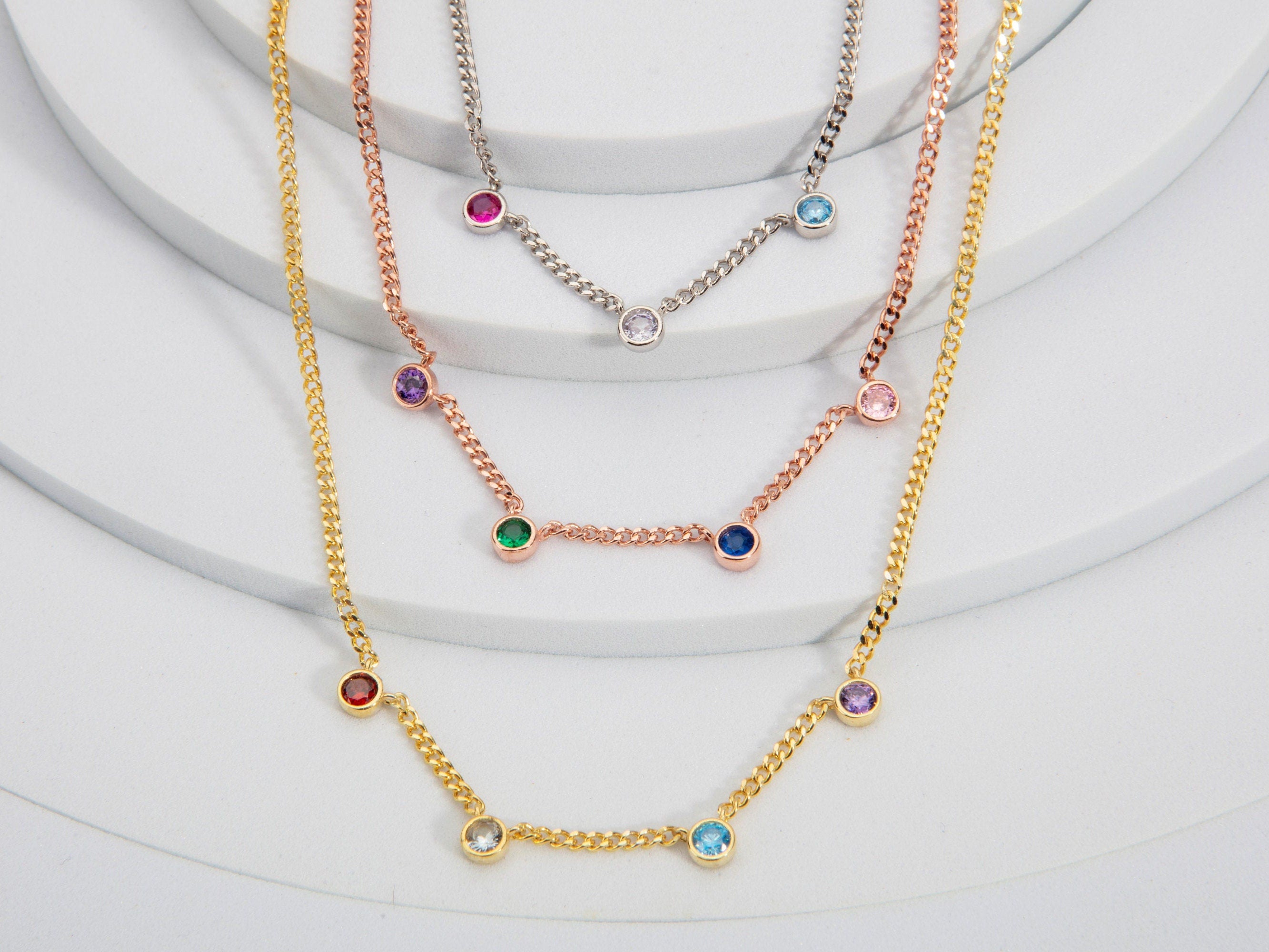 Spaced Birthstone Cuban Chain Necklaces, Custom Gift, Birthday Gifts, 14K Gold Birthstone Necklace, Gift For Mothers, Gift For Mothers Day
