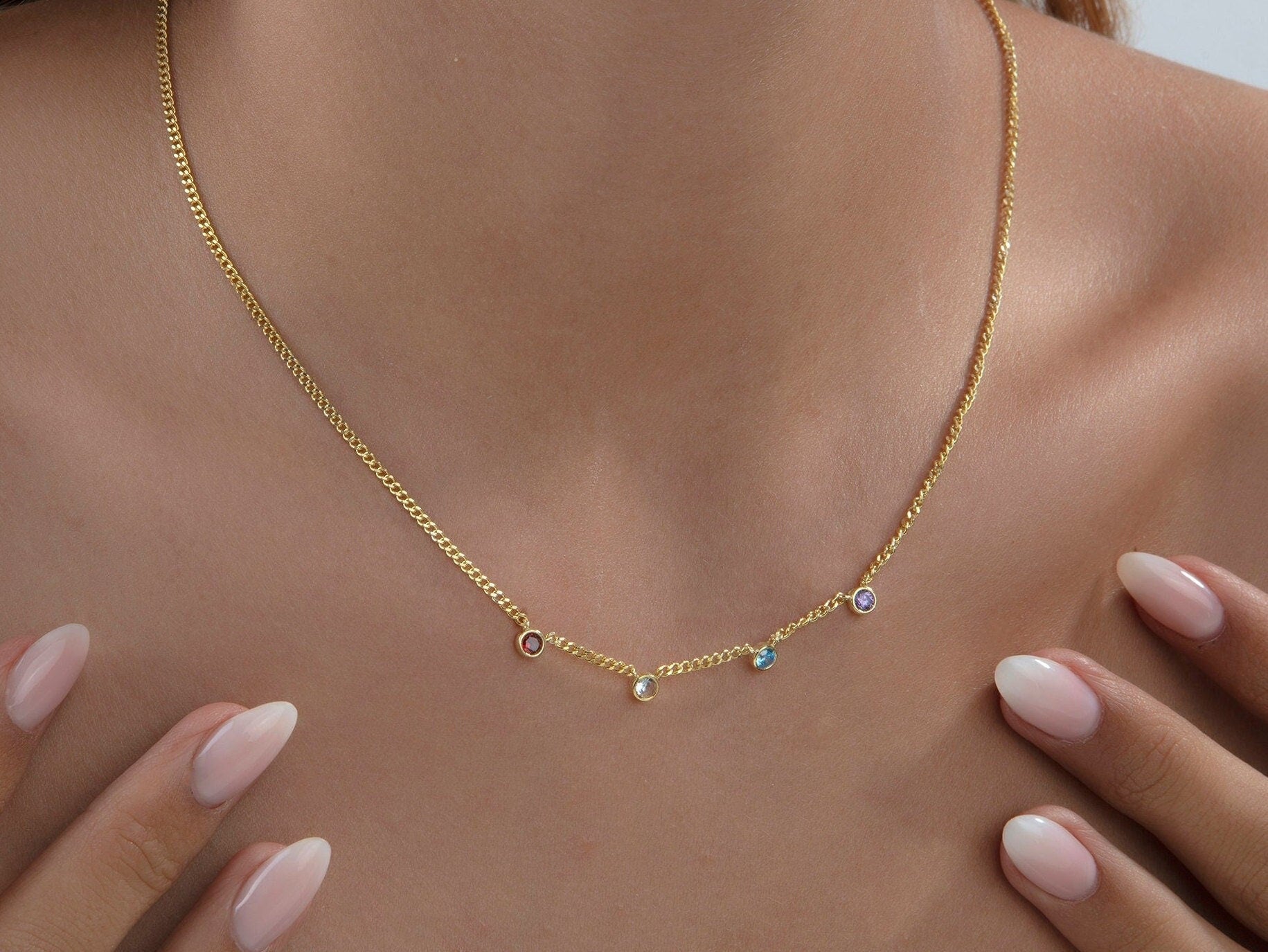 Spaced Birthstone Cuban Chain Necklaces, Custom Gift, Birthday Gifts, 14K Gold Birthstone Necklace, Gift For Mothers, Gift For Mothers Day
