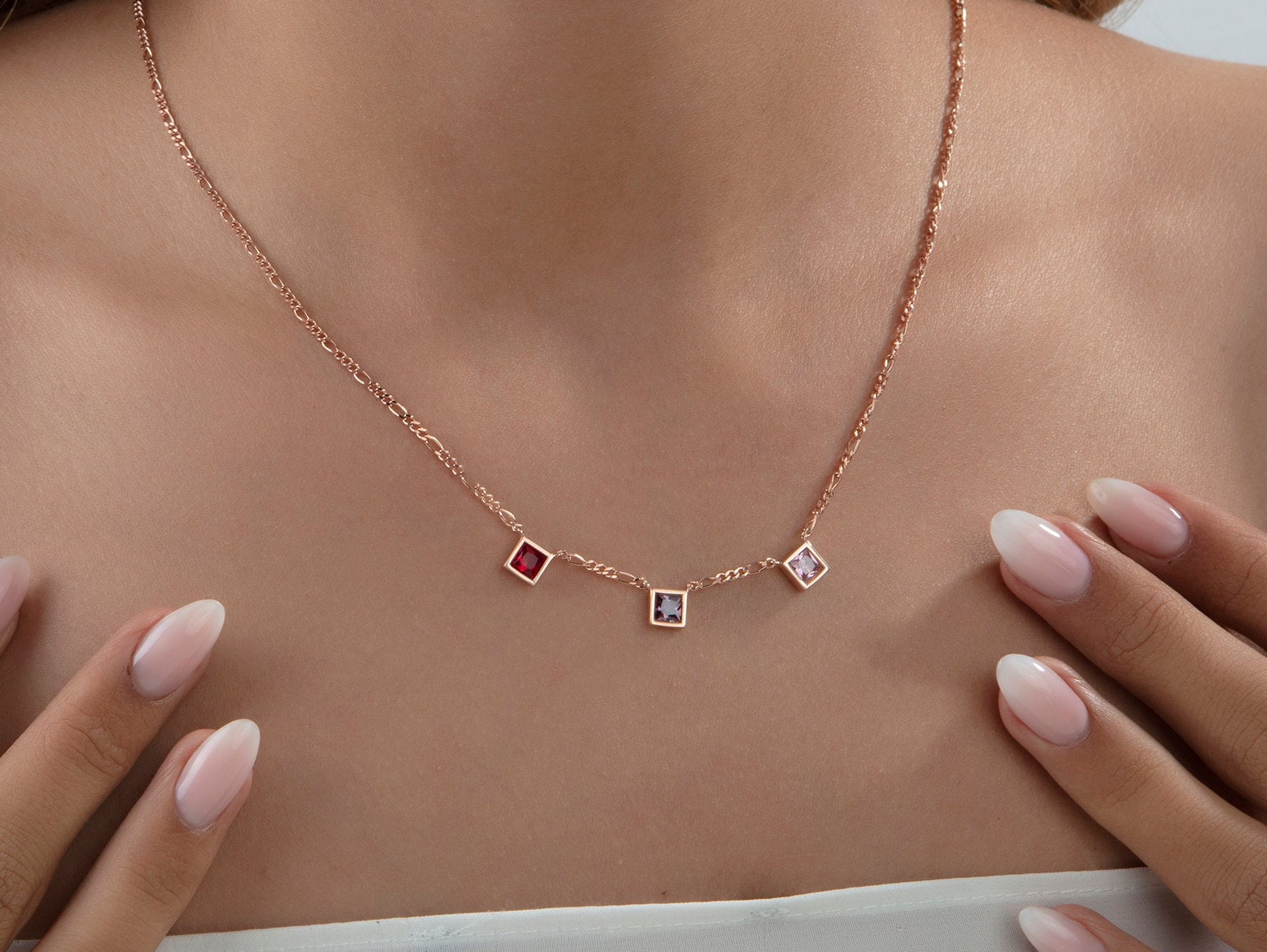 Princess Birthstone Necklaces, Figaro Chain Birthstone Necklace, Birthstone Necklace For Mothers, Personalized Jewelry, Gift For Mothers Day