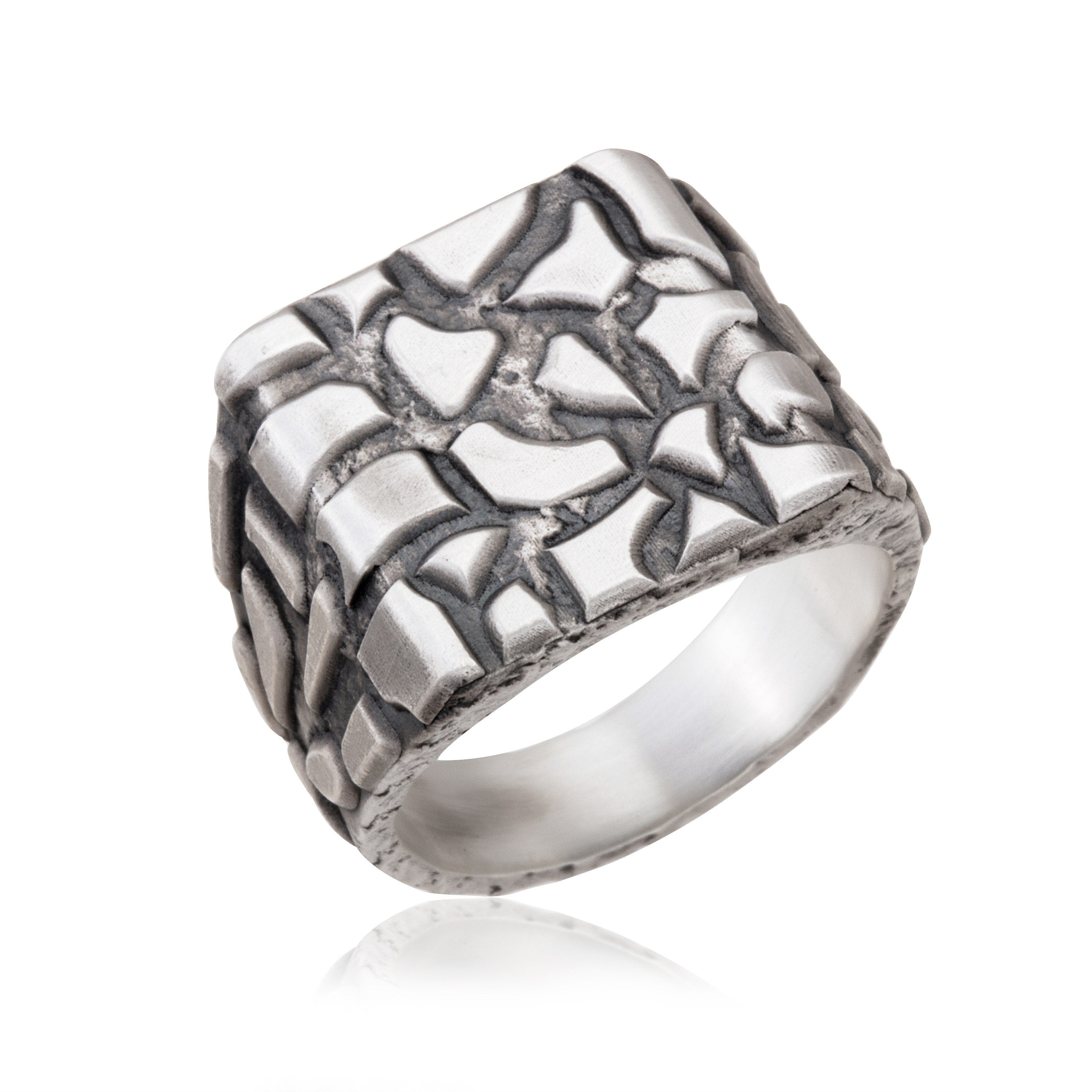 Signet Square Man Rings, Men's Wedding Engagement Rings, Rock Pattern Ring, Modern Statement Silver Man Rings, Unique Gift For Father's Day