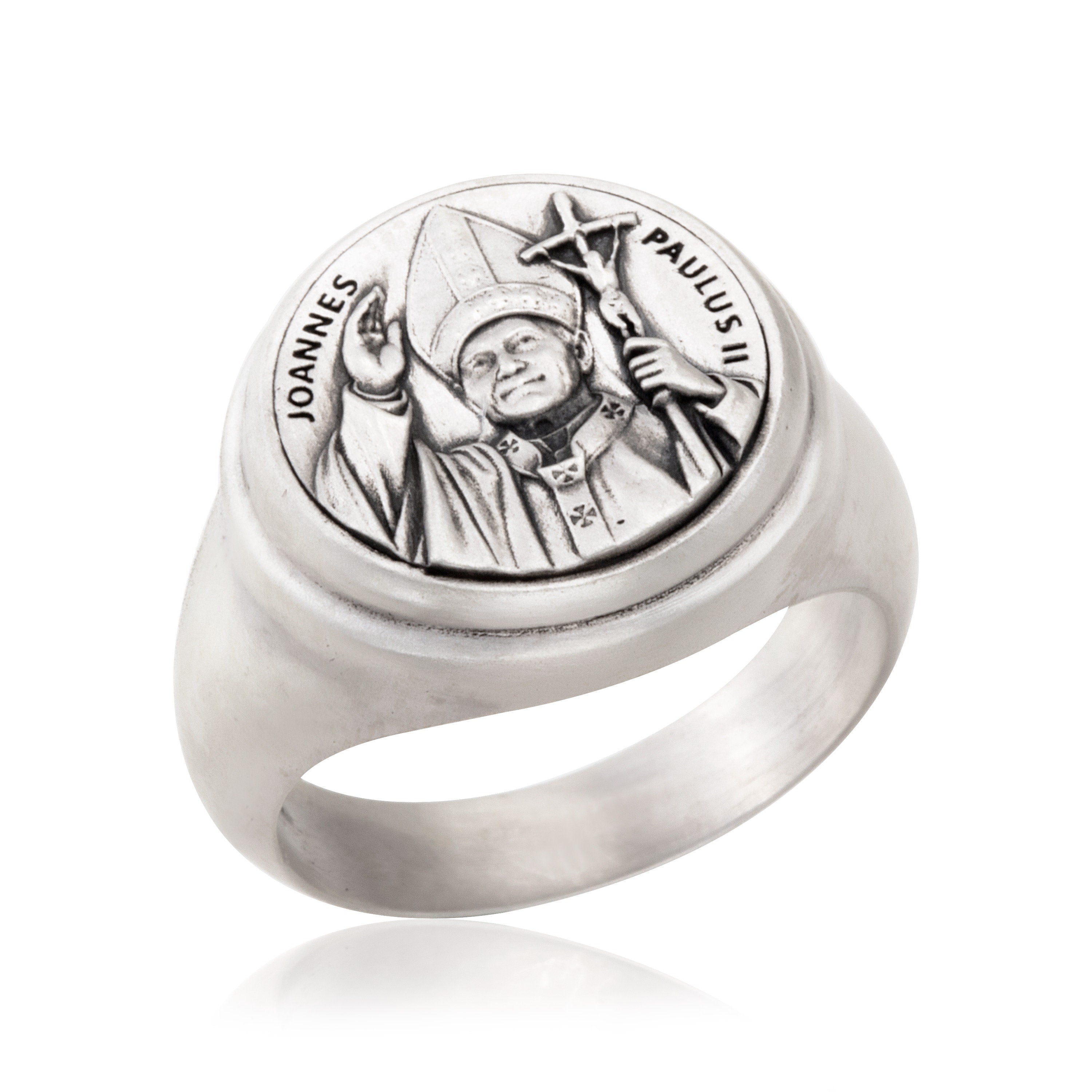 Solid Silver St Joannes Paulus Medal Ring, Religious Catholic Men Jewelry, Pope Joannes Paulus Statement Ring, Unique Gift For Father's Day