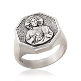 Jesus With Sacred Heart Silver Men Ring, Savior Messiah Ring, Religious Christian Jewelry For Man, Cross Ring, Unique Gift For Father's Day