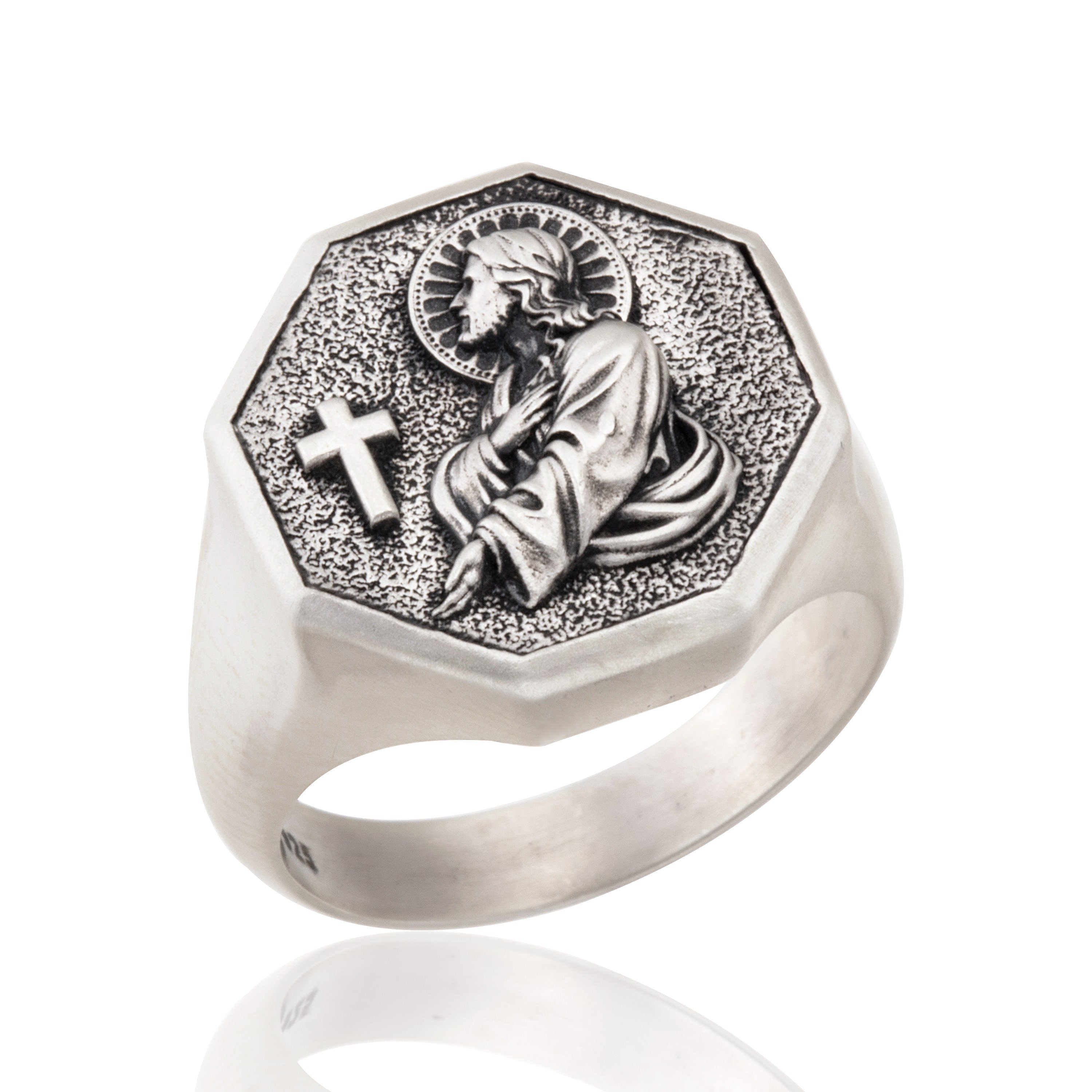 Oxidized Silver Jesus Christ Praying Ring, Savior Messiah Cross Rings, Unique Crucifix Ring For Religious Men, Unique Gift For Father's Day