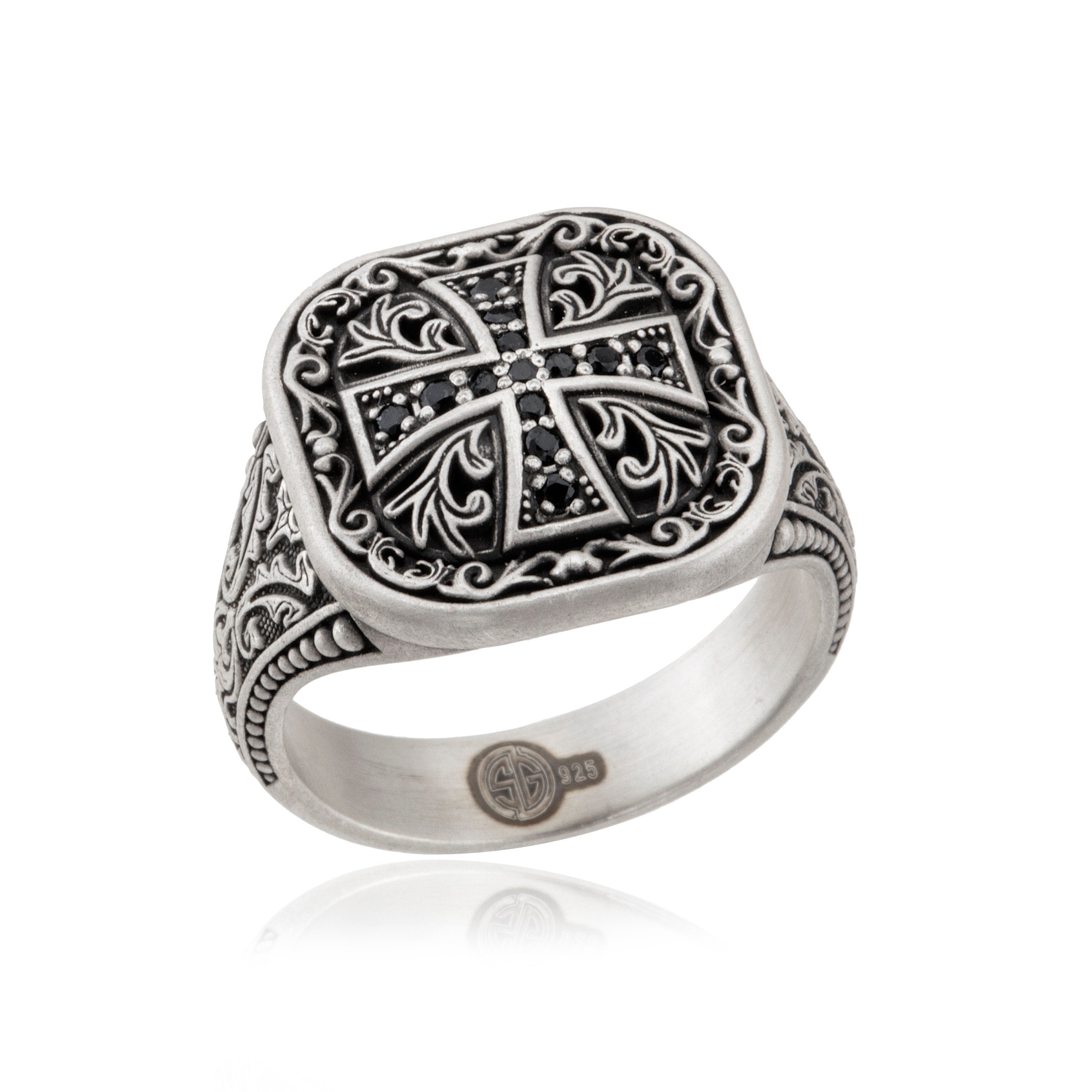 Sterling Silver Cross Ring, Men's Statement Rings, Religious Gifts, Black Diamond Wedding Engagement Man Ring, Unique Gift For Father's Day