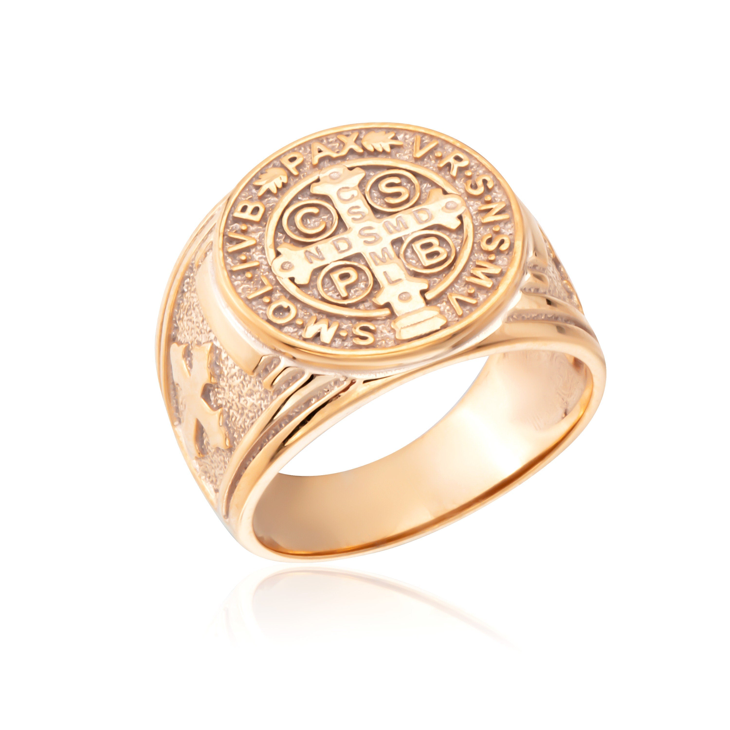 14K Gold St Benedict Medal Cross Ring, Religious Catholic Ring For Men, Solid Gold Saint Benedict Signet Ring, Unique Gifts For Father's Day
