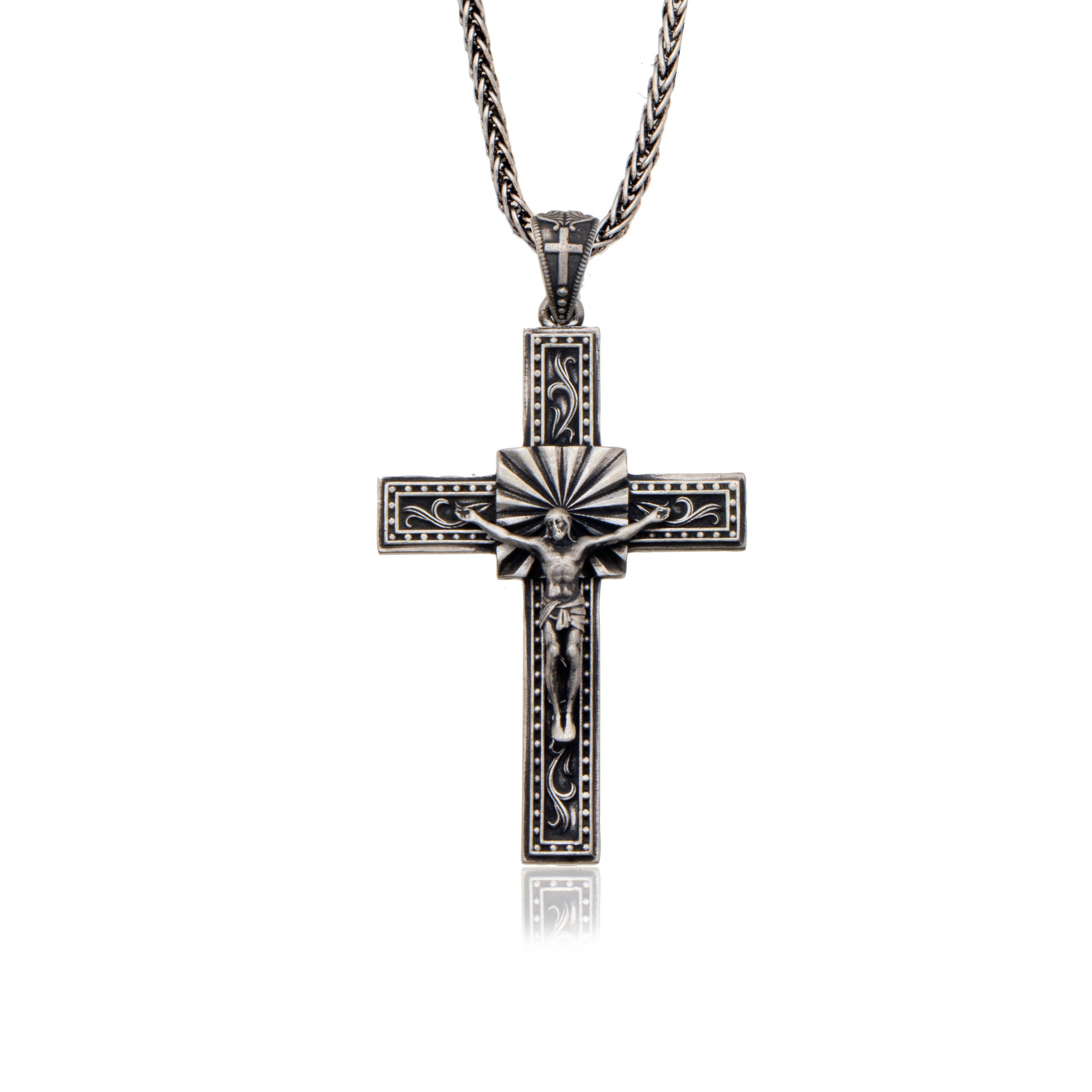 Sterling Silver Crucifix Man Necklace, Jesus Cross Pendant, Religious Gift For Father, Catholic Cross Pendant, Unique Gift For Father's Day