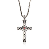 Men’s Sterling Silver Cross Necklace with Garnet & White Zircons