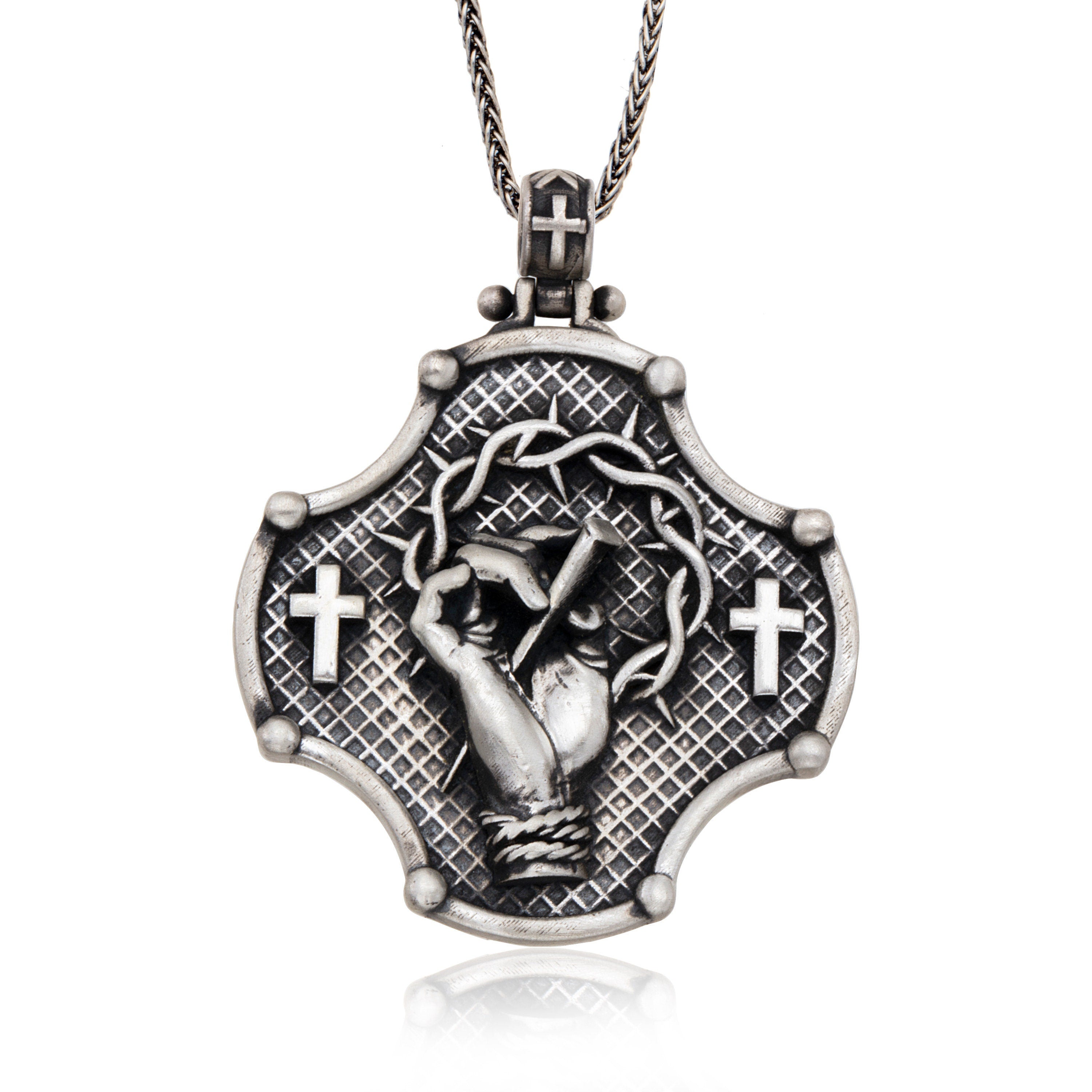 Silver Crucifix Necklace For Men, Cross Necklace, Christian Pendants, Jesus Hand Pendant, Silver Gift For Men, Unique Gift For Father's Day