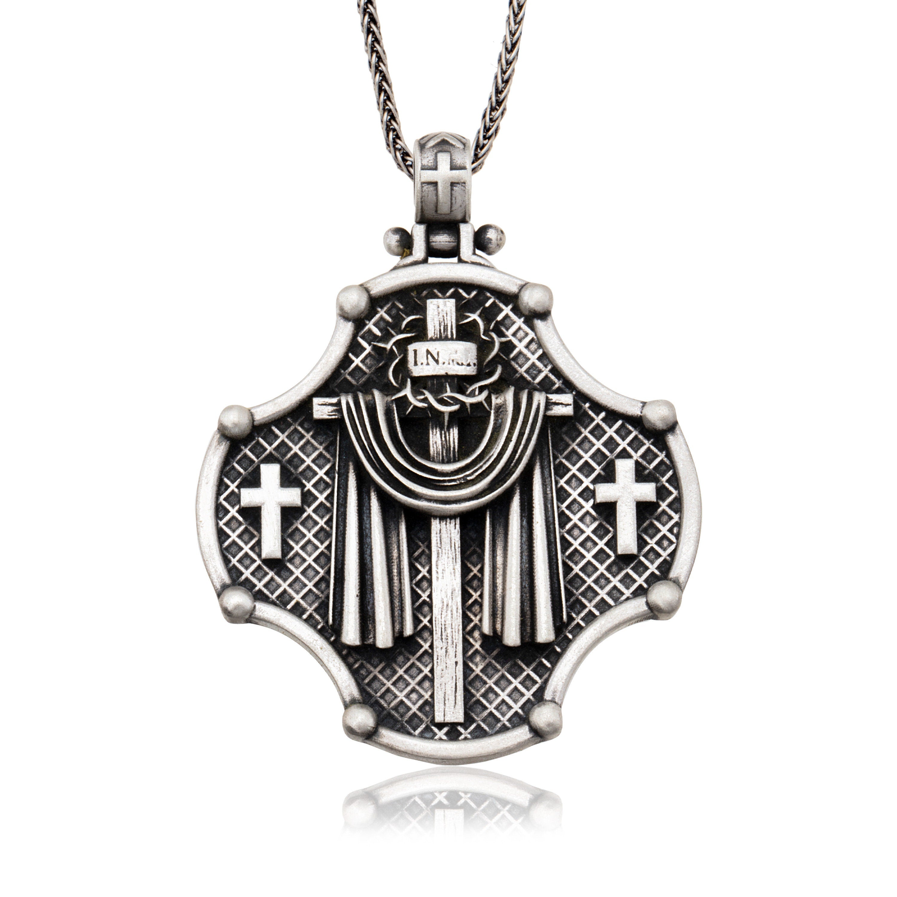 Solid Silver Crucifix Necklace, Catholic Cross Necklace, Religious Jewelry, Gift For Men, Christian Medallion, Unique Gift For Father's Day