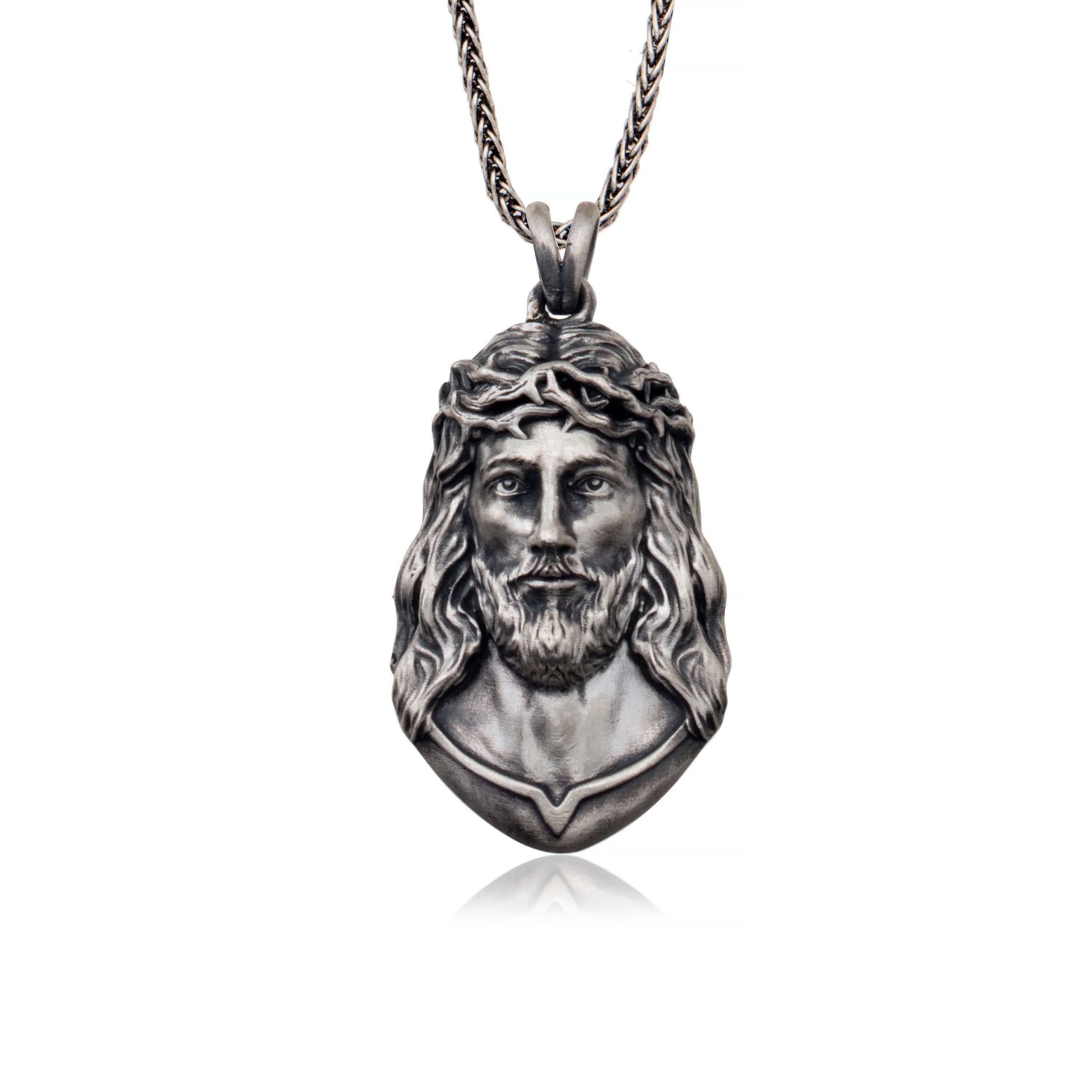 Thorny Crown Jesus Necklace, Jesus Pendant, Religious Jewelry, Solid Silver Jesus Necklace, Gift For Father's, Unique Gift For Father's Day