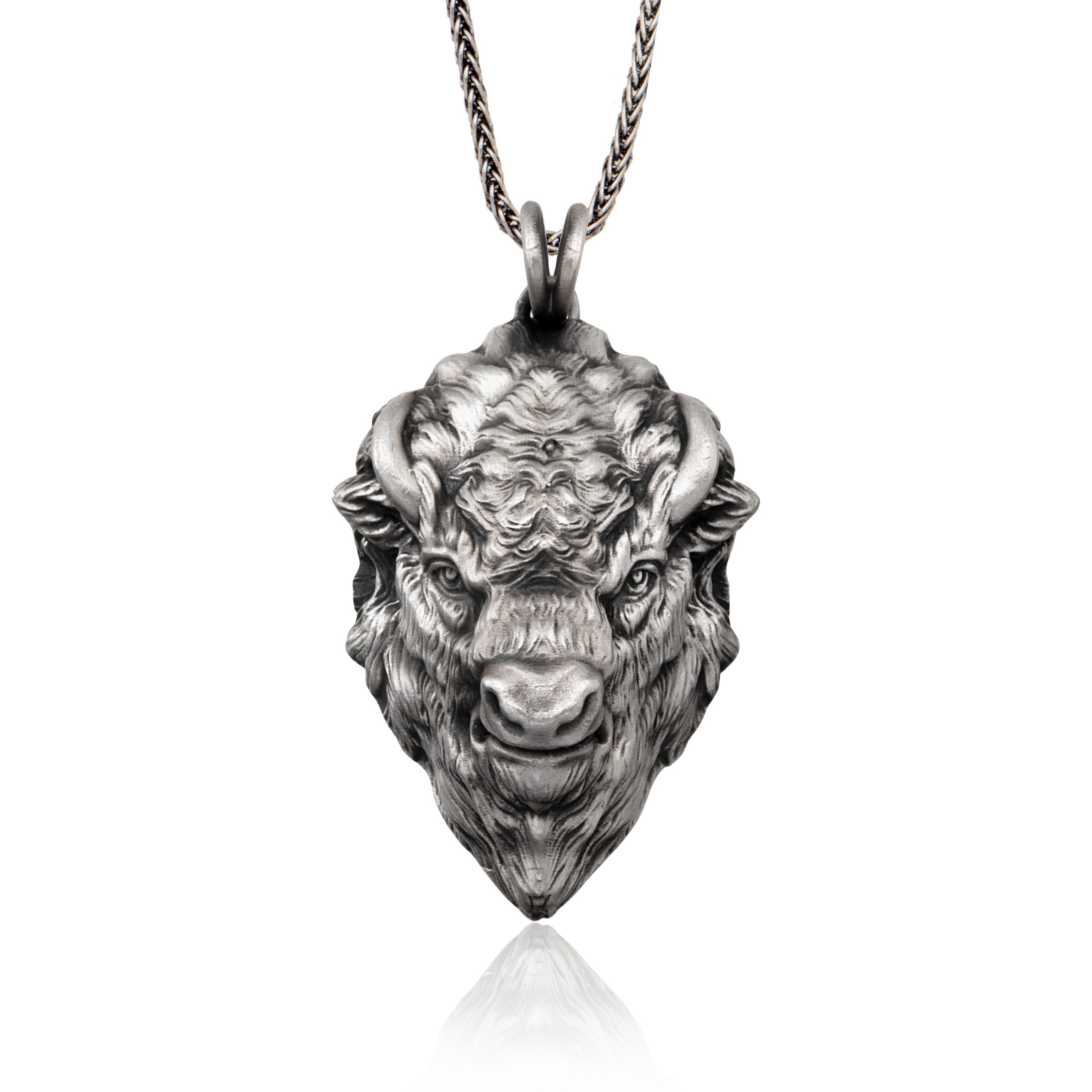 Solid Silver Buffalo Necklace, Jewelry Gift For Boyfriends, Gift For Father's, Buffalo Head Necklace For Mens, Unique Gift For Father's Day
