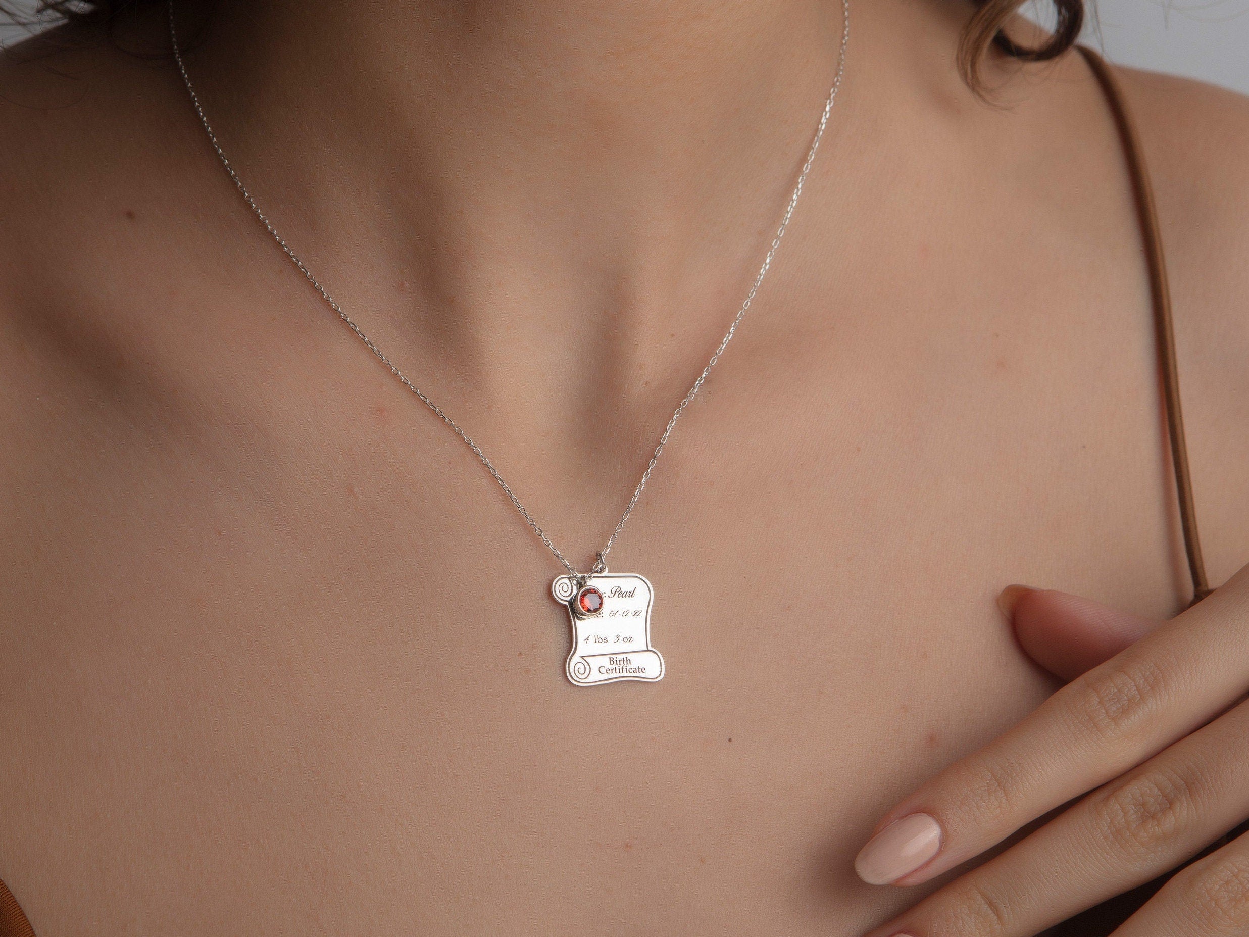 14K Gold Birth Certificate Necklace, Silver Children's Name Necklaces, Personalized Birthstone Necklace For Mother's, Gift For Mothers Day